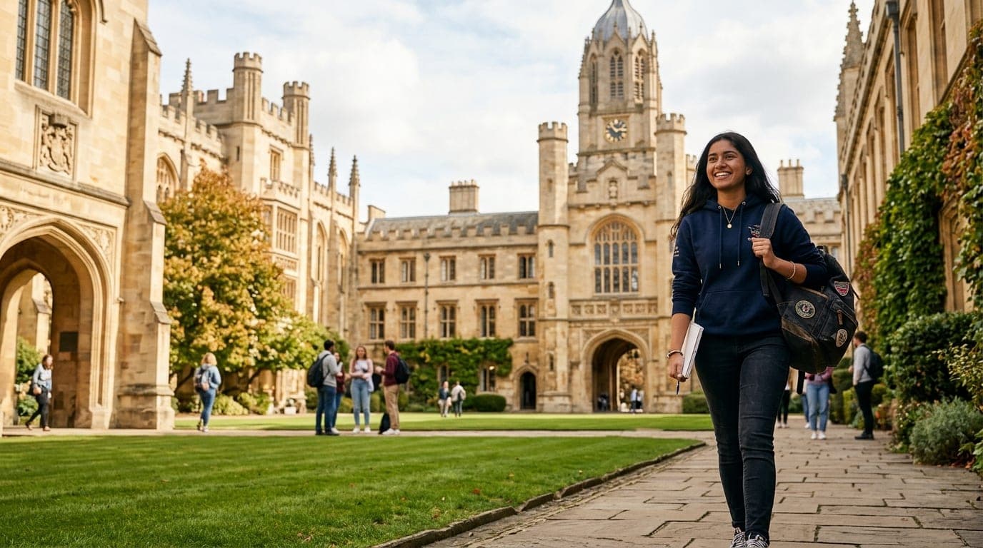 Indian student at a prestigious university campus abroad